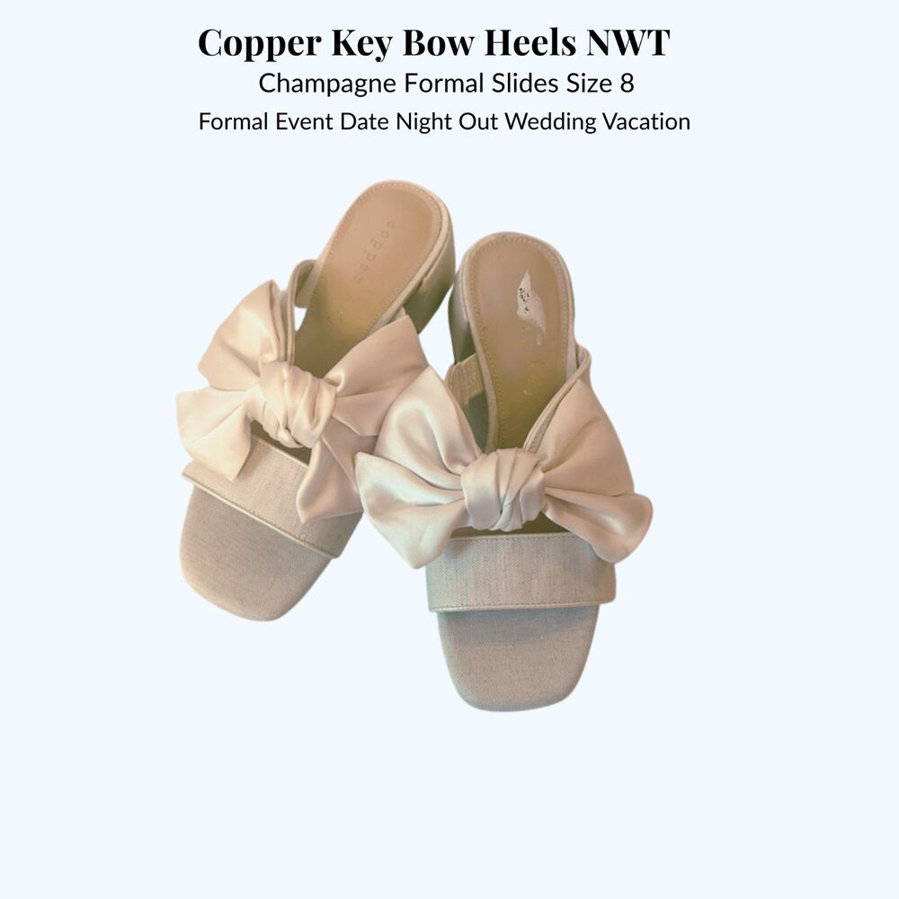 Copper Key Satin Bow Sandals, NWT Low Block Heel Dress Shoes | Size 8